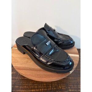 Woman's DKNY Y2K Size 7 Black Patent Leather Mule Loafers Slip On EUC